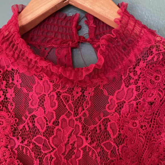 Womens Sz S red rare casual statement sleeves vintage lace crop blouse - Picture 3 of 9